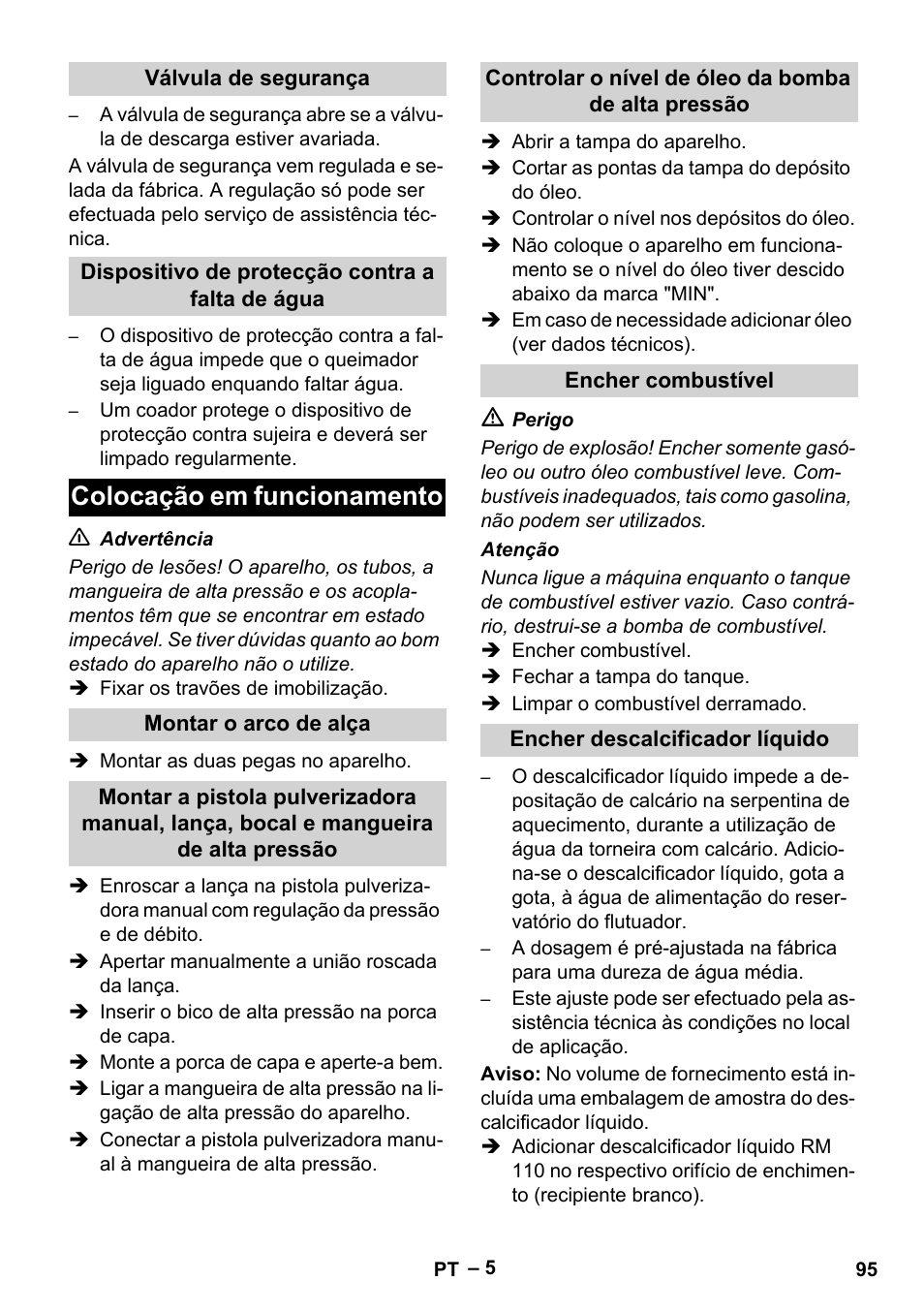 Válvula de segurança, Dispositivo de protecção contra a falta de água, Colocação em funcionamento | Montar o arco de alça, Controlar o nível de óleo da bomba de alta pressão, Encher combustível, Encher descalcificador líquido | Karcher HDS 2000 SUPER User Manual | Page 95 / 400