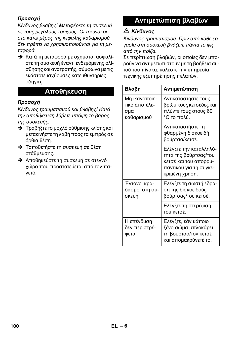 Αποθήκευση αντιμετώπιση βλαβών | Karcher BDS 43-450C EU User Manual | Page 100 / 240