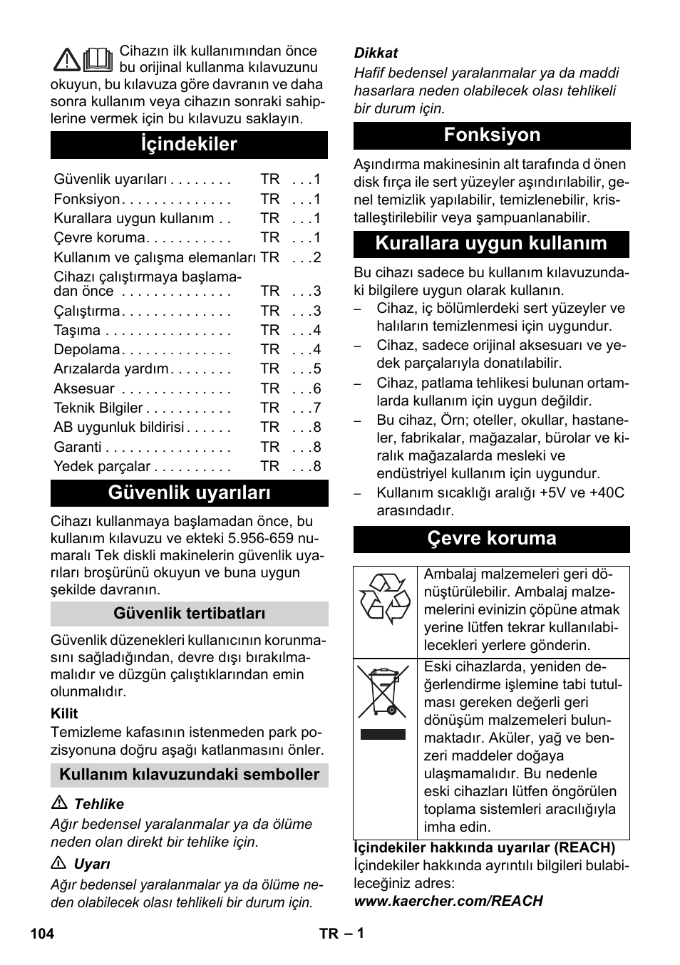 Türkçe, Içindekiler, Güvenlik uyarıları | Fonksiyon kurallara uygun kullanım çevre koruma | Karcher BDS 43-450C EU User Manual | Page 104 / 240