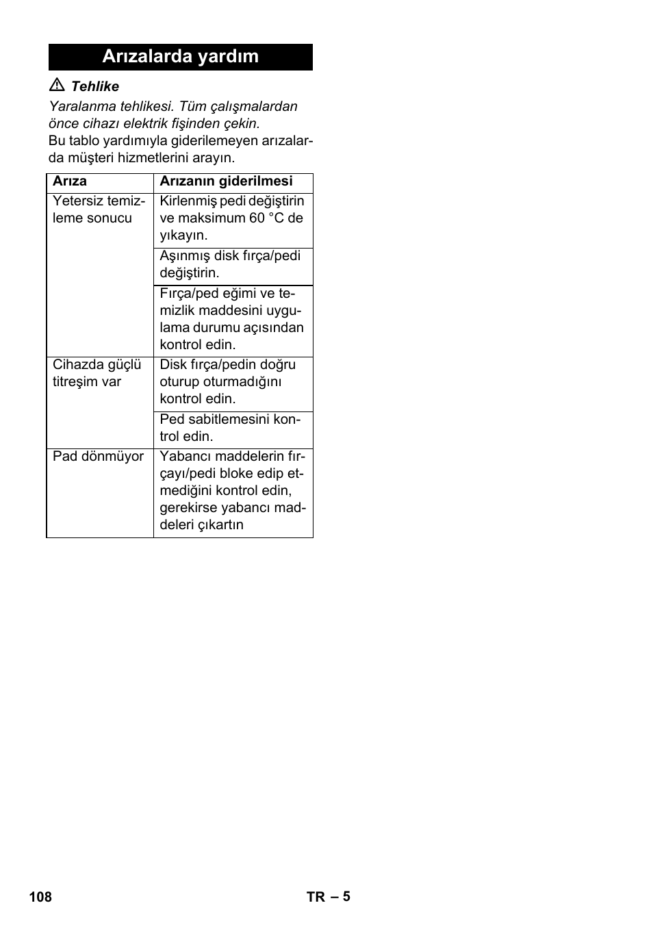 Arızalarda yardım | Karcher BDS 43-450C EU User Manual | Page 108 / 240