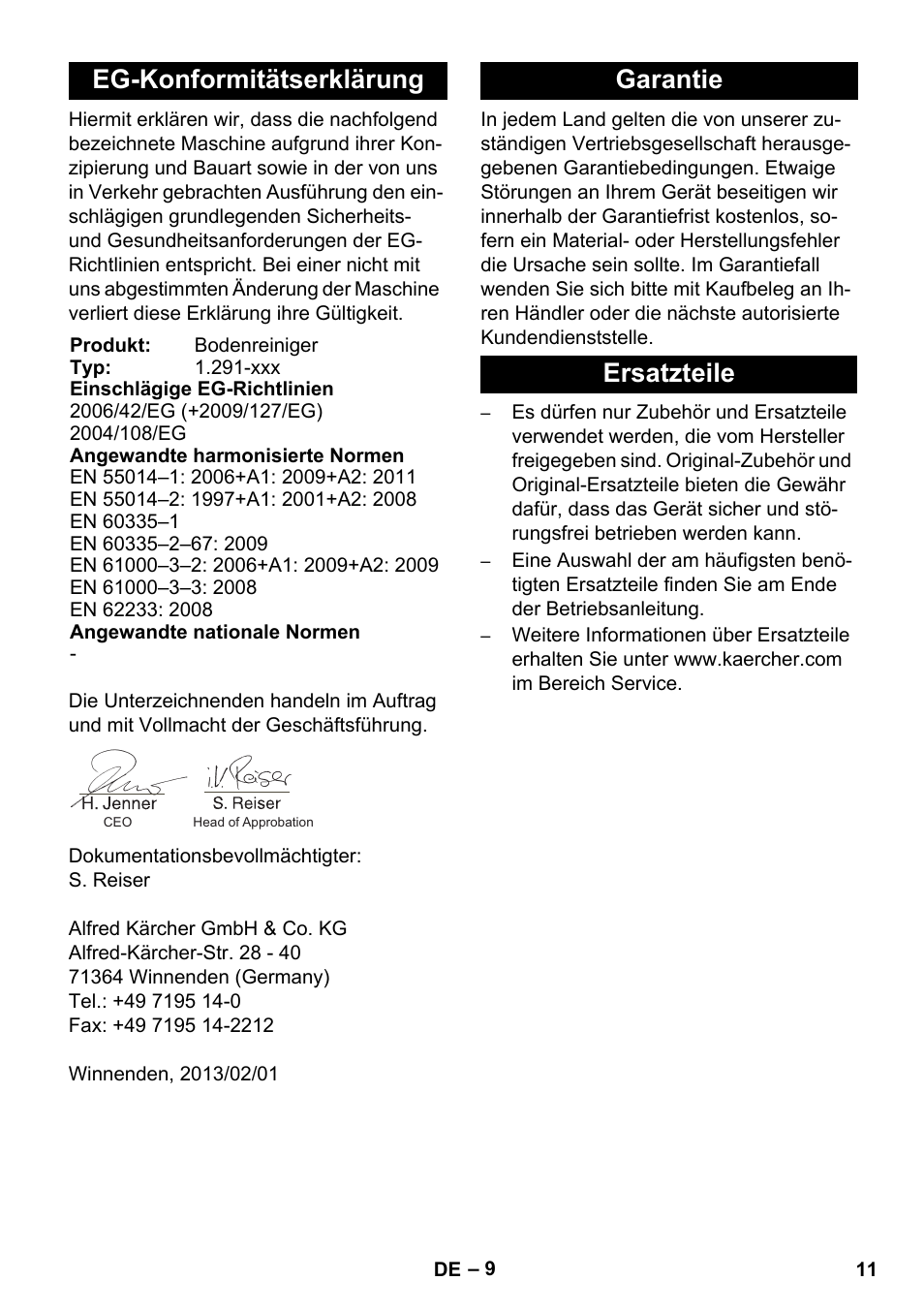 Eg-konformitätserklärung, Garantie ersatzteile | Karcher BDS 43-450C EU User Manual | Page 11 / 240