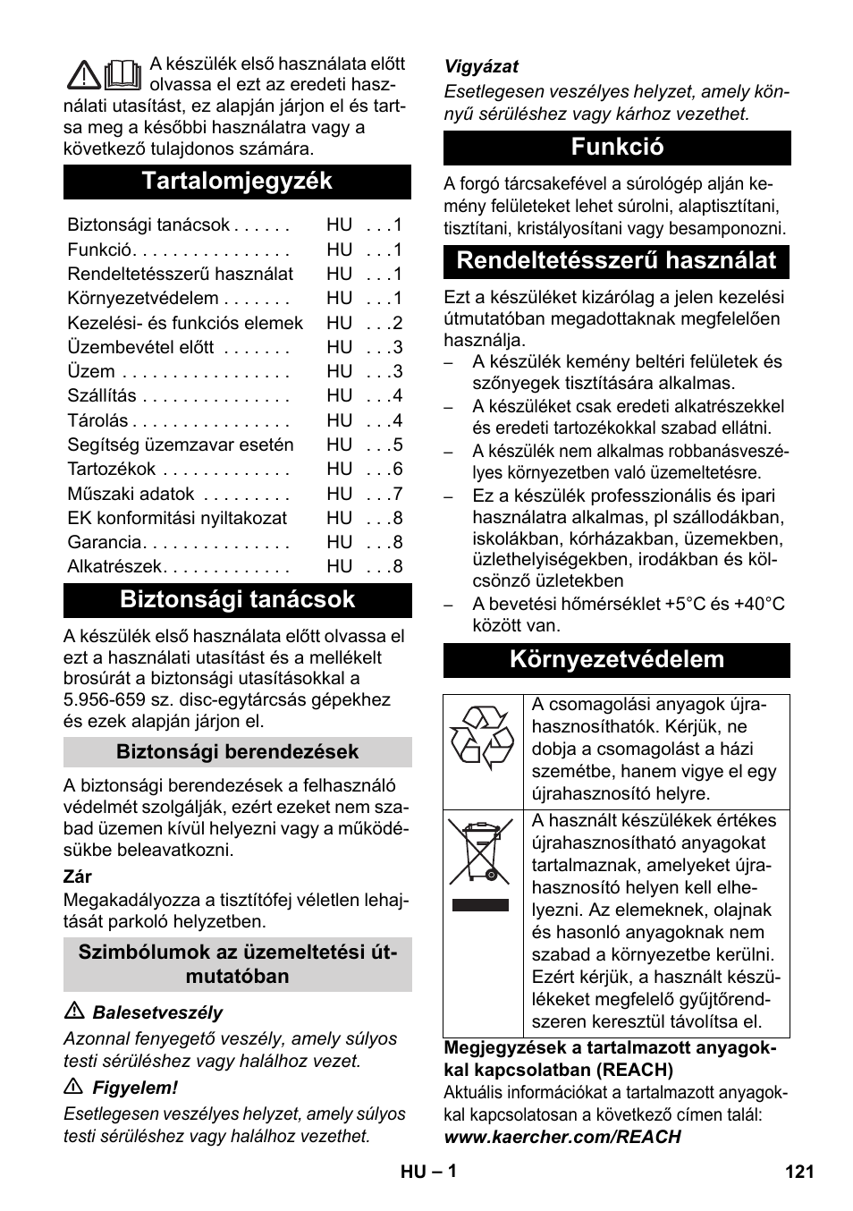 Magyar, Tartalomjegyzék, Biztonsági tanácsok | Karcher BDS 43-450C EU User Manual | Page 121 / 240