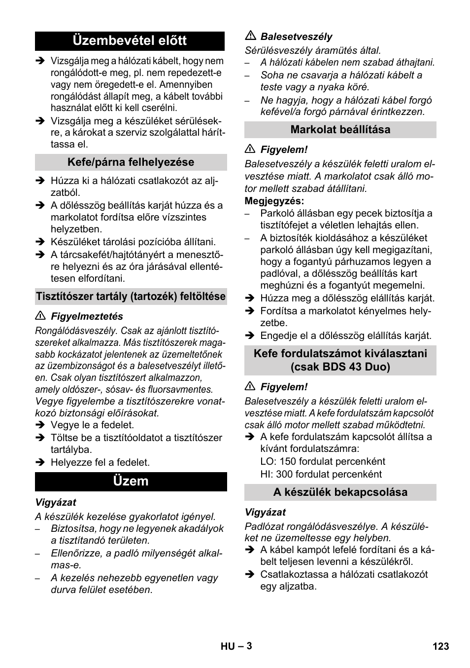 Üzembevétel előtt, Üzem | Karcher BDS 43-450C EU User Manual | Page 123 / 240