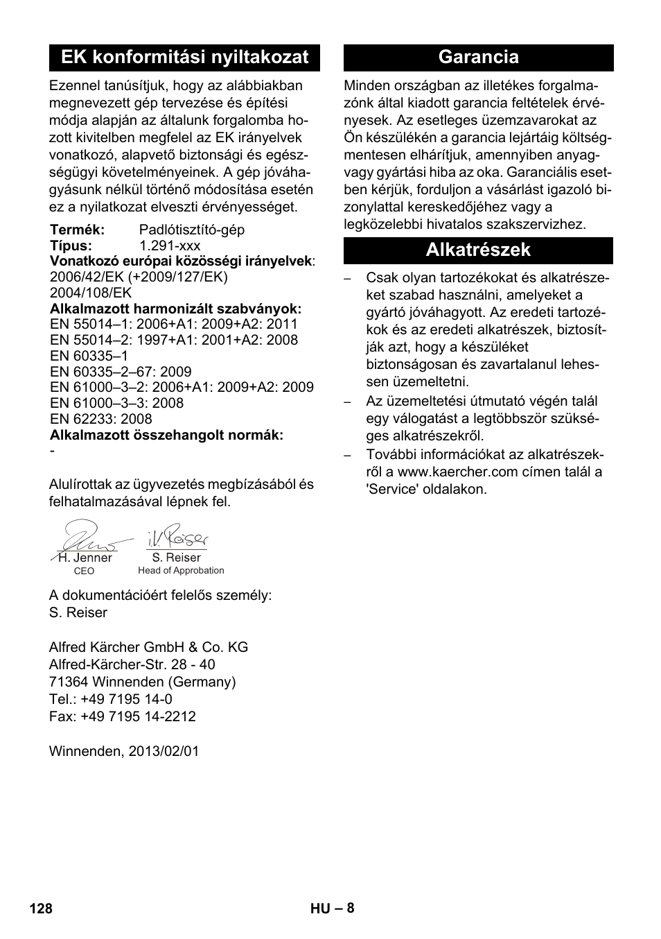 Ek konformitási nyiltakozat, Garancia alkatrészek | Karcher BDS 43-450C EU User Manual | Page 128 / 240