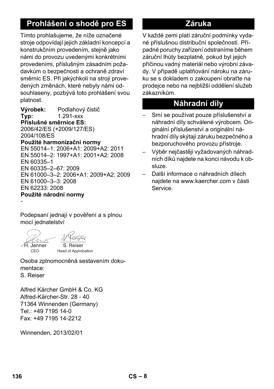 Prohlášení o shodě pro es, Záruka náhradní díly | Karcher BDS 43-450C EU User Manual | Page 136 / 240