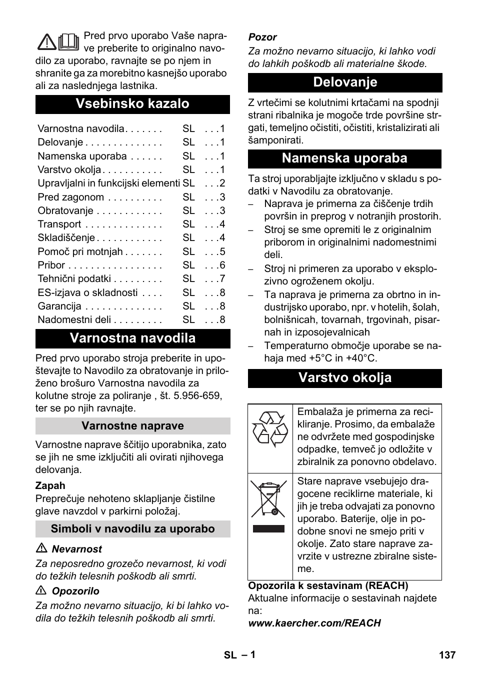 Slovenščina, Vsebinsko kazalo, Varnostna navodila | Delovanje namenska uporaba varstvo okolja | Karcher BDS 43-450C EU User Manual | Page 137 / 240