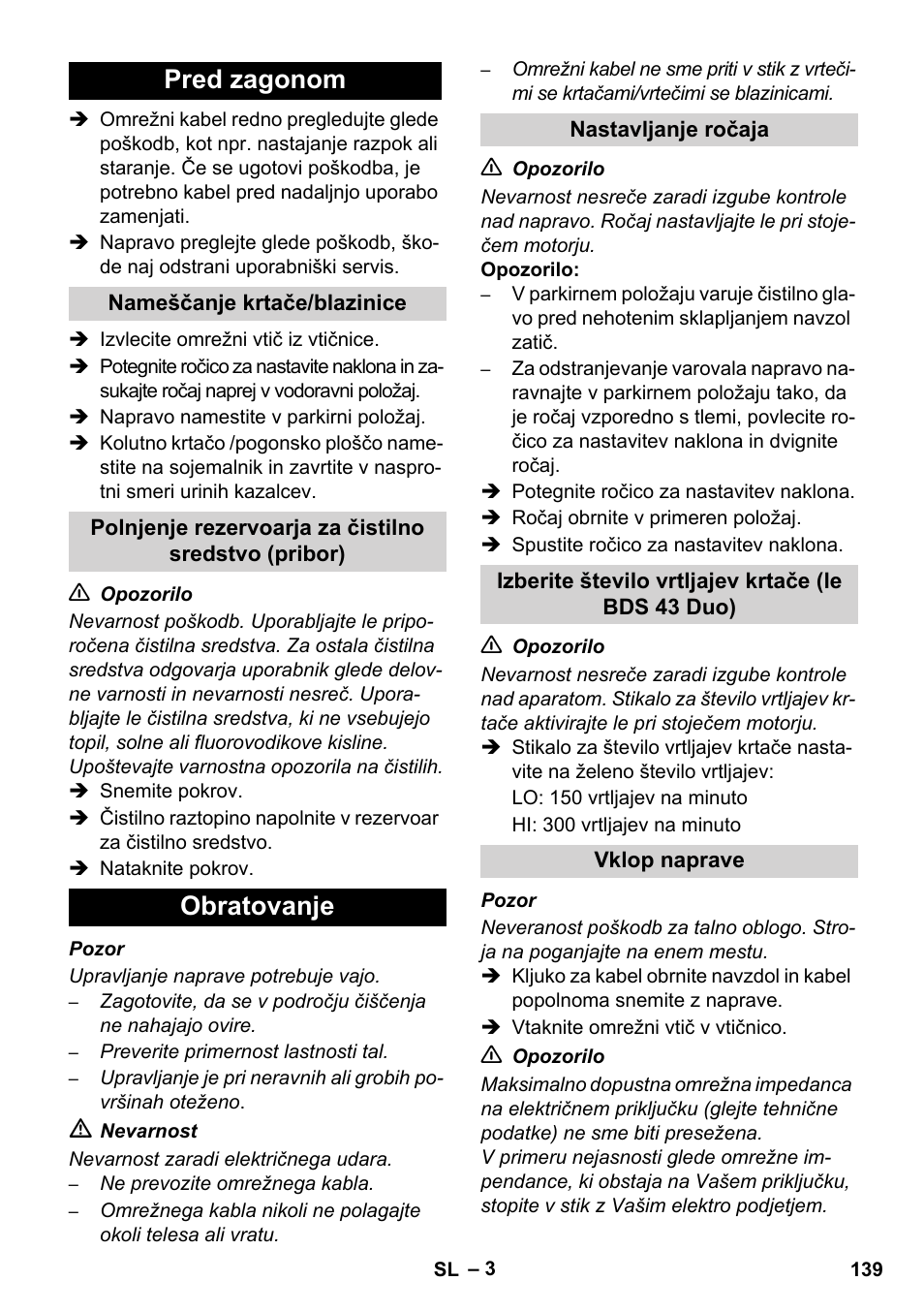 Pred zagonom, Obratovanje | Karcher BDS 43-450C EU User Manual | Page 139 / 240