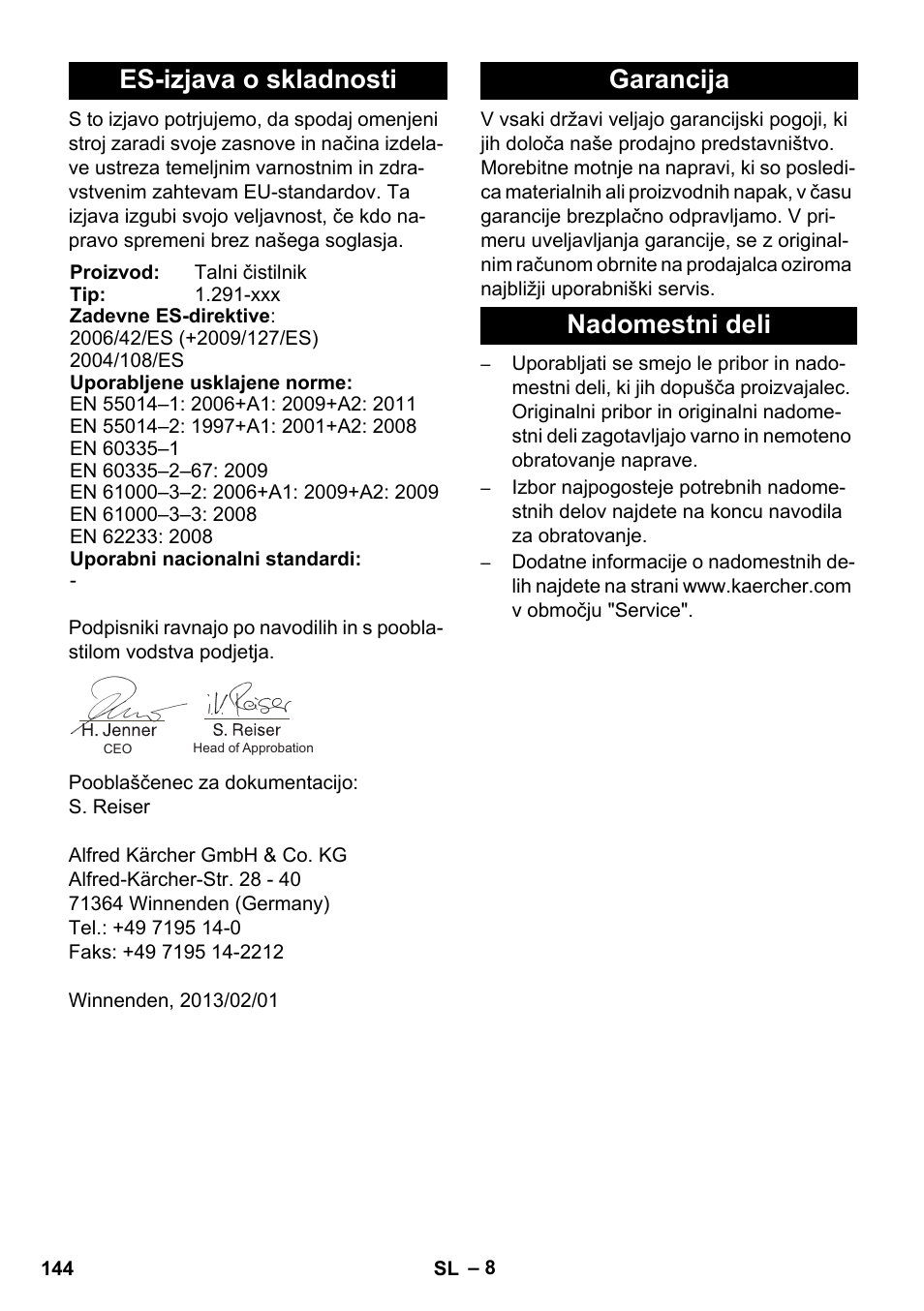 Es-izjava o skladnosti, Garancija nadomestni deli | Karcher BDS 43-450C EU User Manual | Page 144 / 240