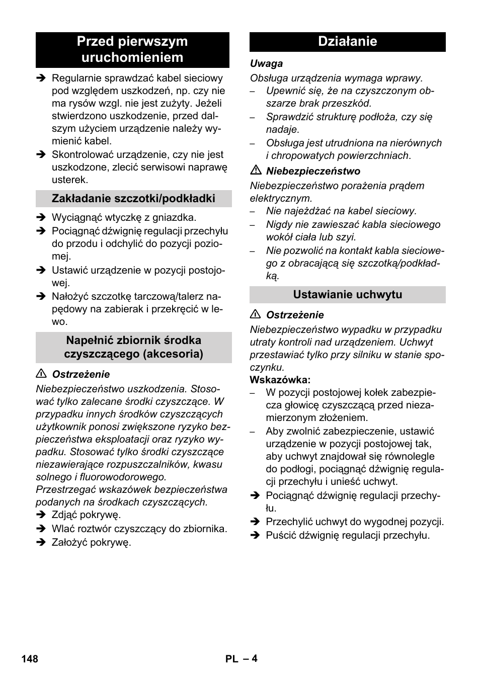 Przed pierwszym uruchomieniem, Działanie | Karcher BDS 43-450C EU User Manual | Page 148 / 240