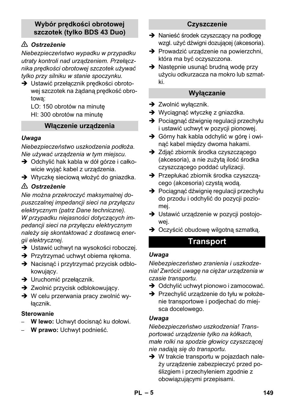 Transport | Karcher BDS 43-450C EU User Manual | Page 149 / 240