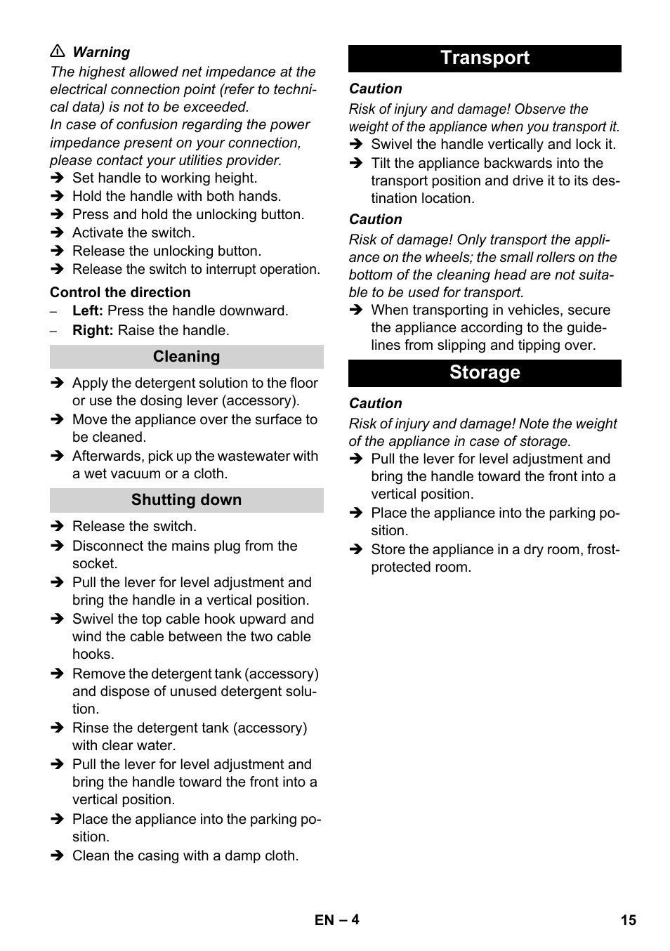 Transport storage | Karcher BDS 43-450C EU User Manual | Page 15 / 240