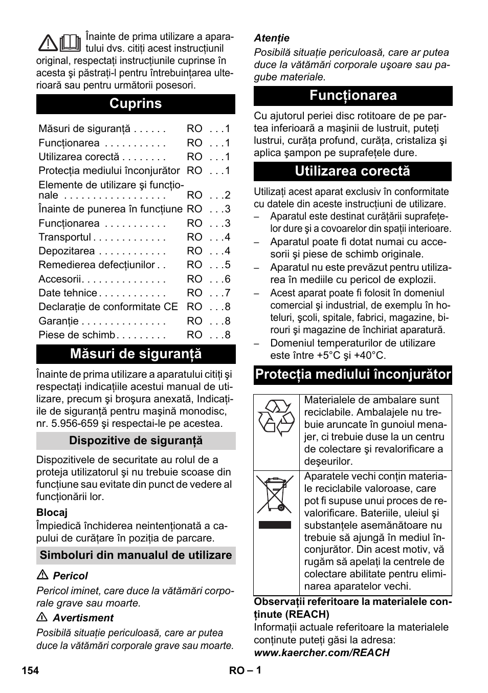 Româneşte, Cuprins, Măsuri de siguranţă | Karcher BDS 43-450C EU User Manual | Page 154 / 240