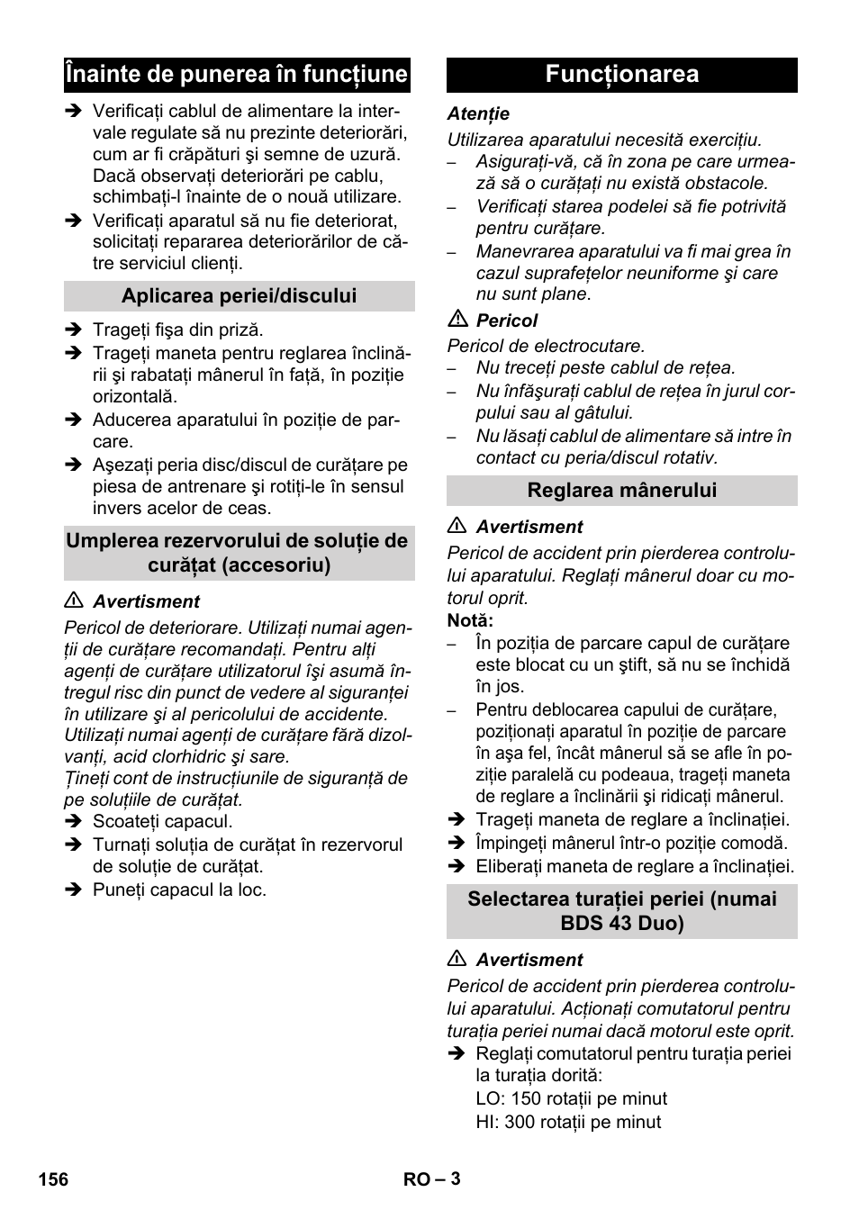 Înainte de punerea în funcţiune, Funcţionarea | Karcher BDS 43-450C EU User Manual | Page 156 / 240