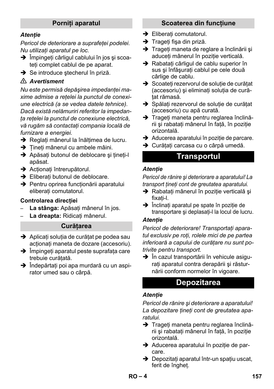 Transportul depozitarea | Karcher BDS 43-450C EU User Manual | Page 157 / 240