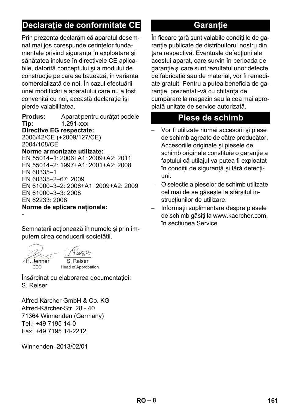 Declaraţie de conformitate ce, Garanţie piese de schimb | Karcher BDS 43-450C EU User Manual | Page 161 / 240