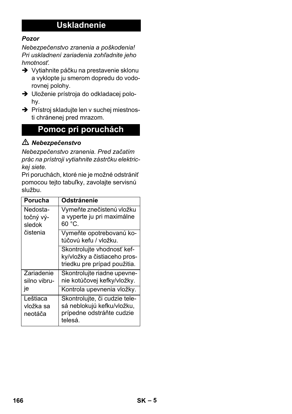 Uskladnenie pomoc pri poruchách | Karcher BDS 43-450C EU User Manual | Page 166 / 240