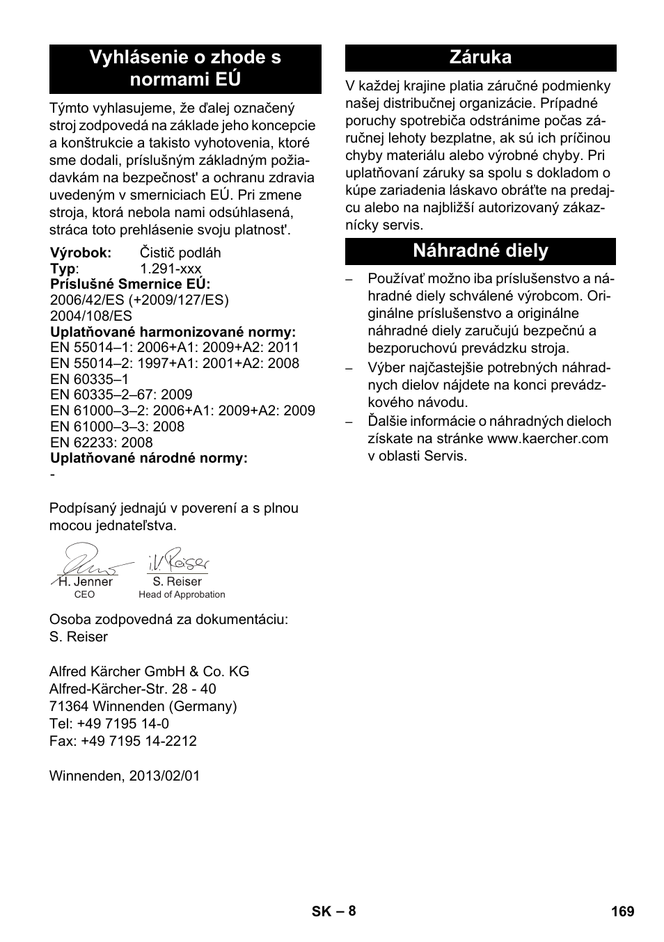 Vyhlásenie o zhode s normami eú, Záruka náhradné diely | Karcher BDS 43-450C EU User Manual | Page 169 / 240