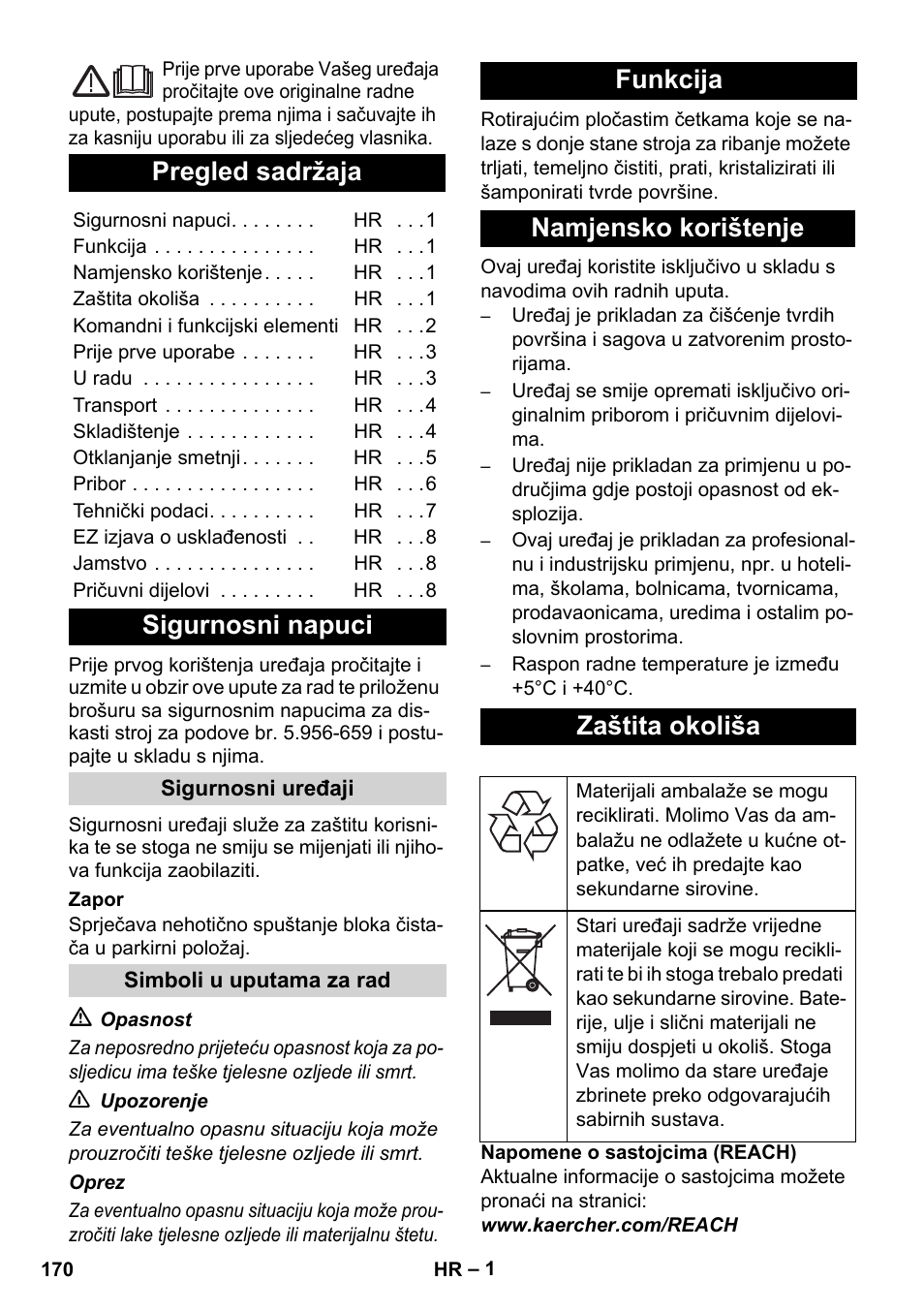 Hrvatski, Pregled sadržaja, Sigurnosni napuci | Funkcija namjensko korištenje zaštita okoliša | Karcher BDS 43-450C EU User Manual | Page 170 / 240