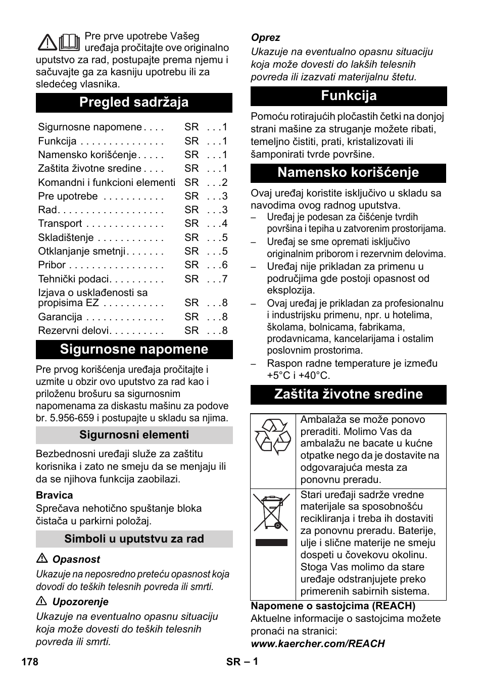 Srpski, Pregled sadržaja, Sigurnosne napomene | Karcher BDS 43-450C EU User Manual | Page 178 / 240