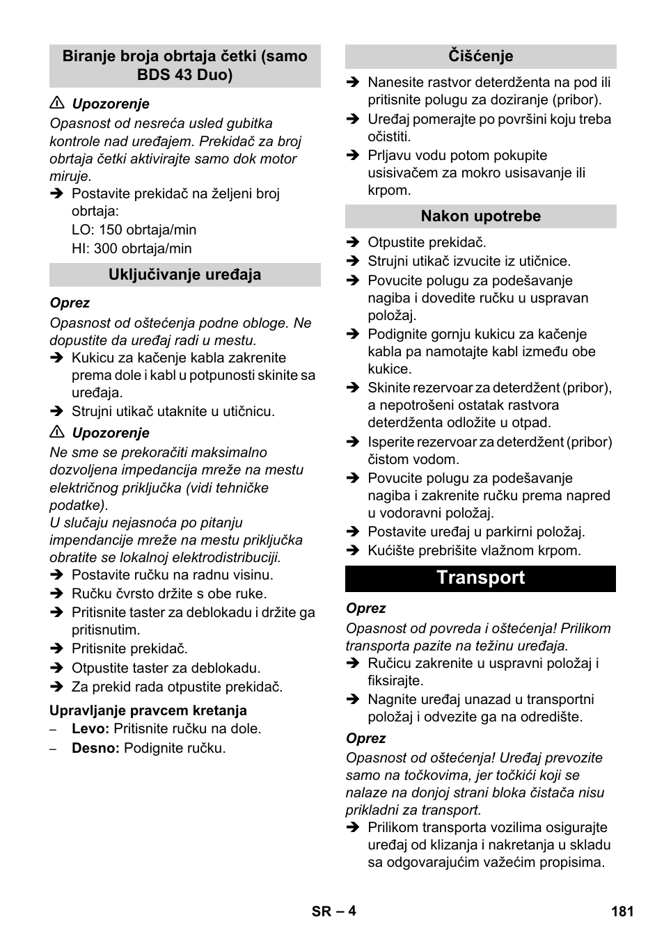 Transport | Karcher BDS 43-450C EU User Manual | Page 181 / 240