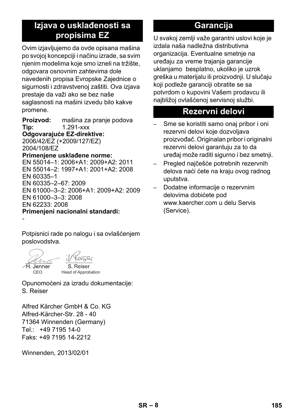 Izjava o usklađenosti sa propisima ez, Garancija rezervni delovi | Karcher BDS 43-450C EU User Manual | Page 185 / 240