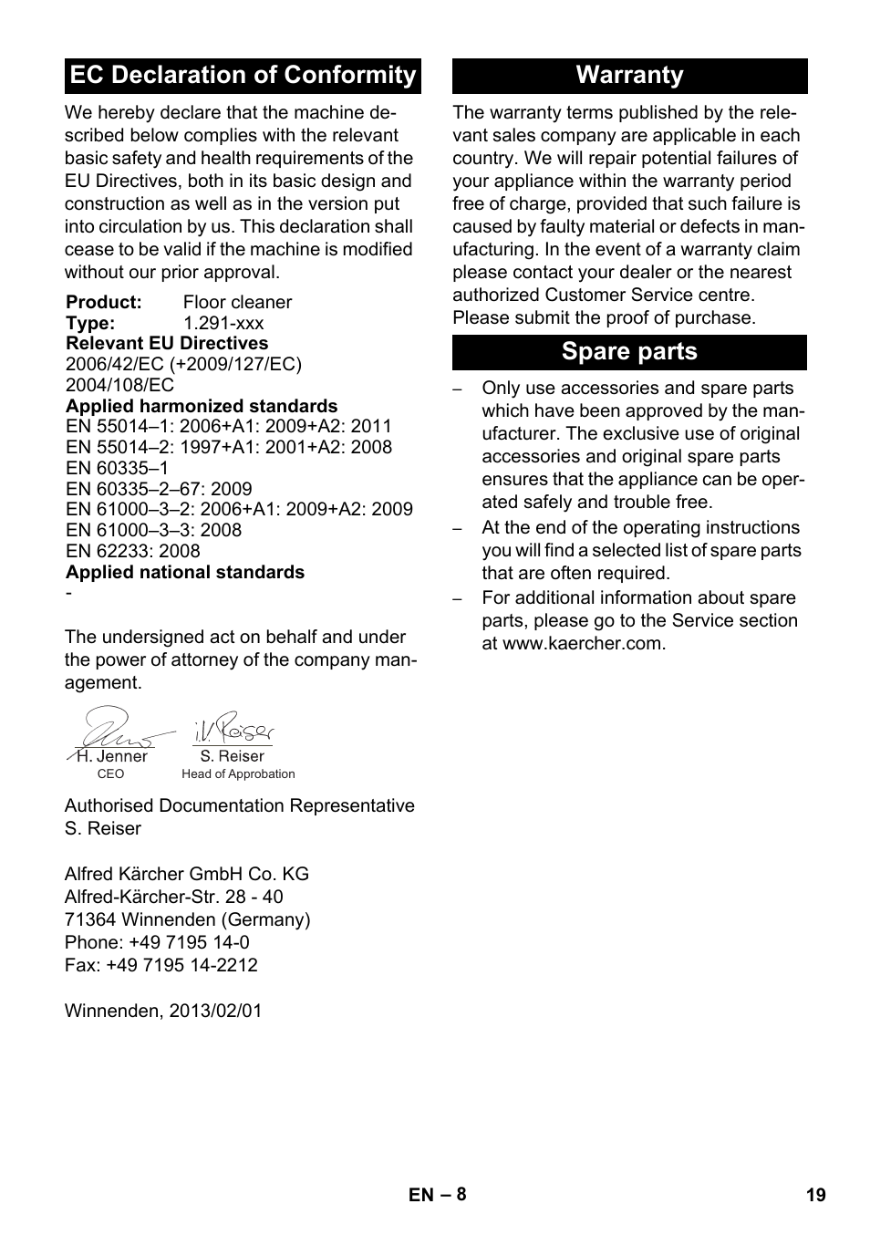 Ec declaration of conformity, Warranty spare parts | Karcher BDS 43-450C EU User Manual | Page 19 / 240