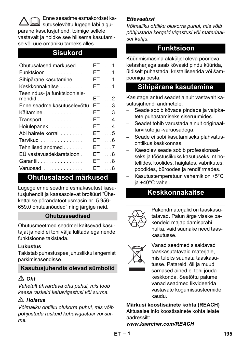 Eesti, Sisukord, Ohutusalased märkused | Funktsioon sihipärane kasutamine keskkonnakaitse | Karcher BDS 43-450C EU User Manual | Page 195 / 240