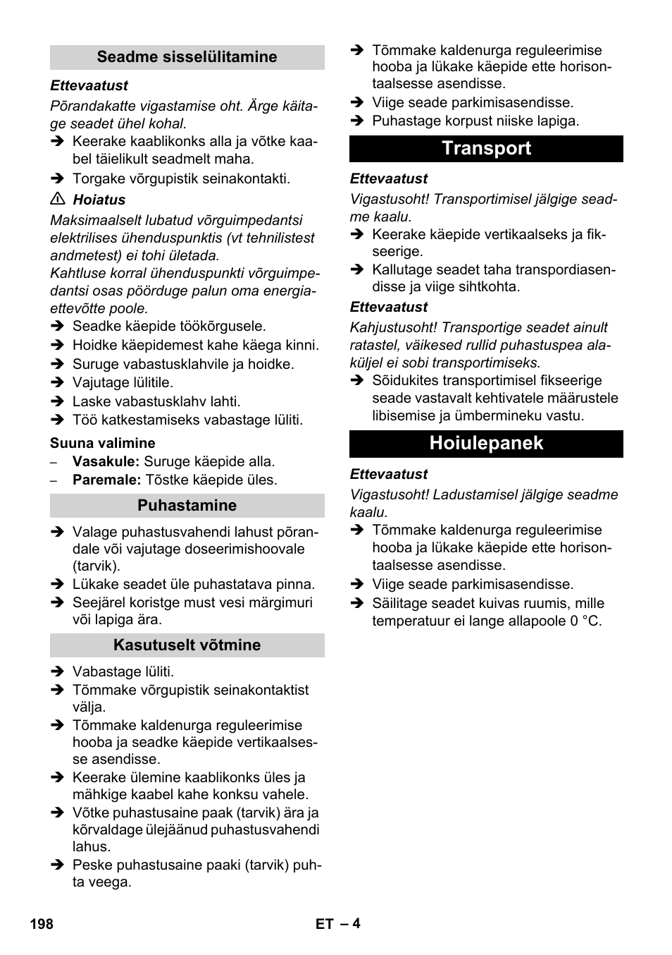 Transport hoiulepanek | Karcher BDS 43-450C EU User Manual | Page 198 / 240