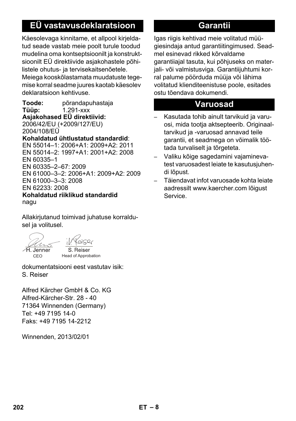 Eü vastavusdeklaratsioon, Garantii varuosad | Karcher BDS 43-450C EU User Manual | Page 202 / 240