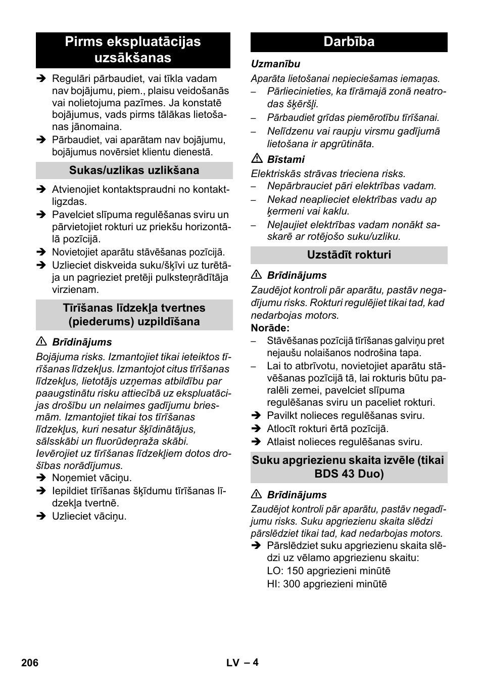Pirms ekspluatācijas uzsākšanas, Darbība | Karcher BDS 43-450C EU User Manual | Page 206 / 240