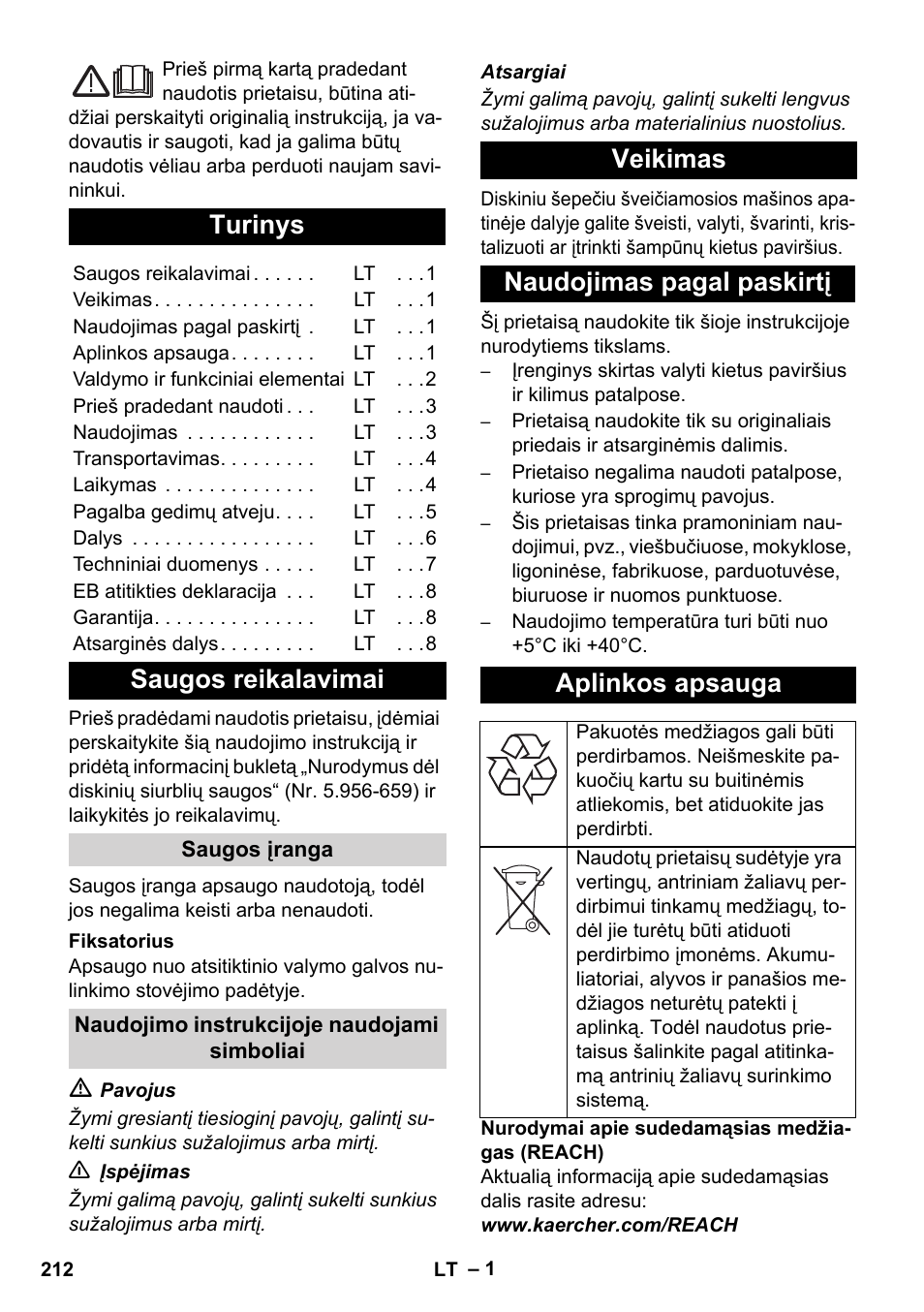 Lietuviškai, Turinys, Saugos reikalavimai | Karcher BDS 43-450C EU User Manual | Page 212 / 240