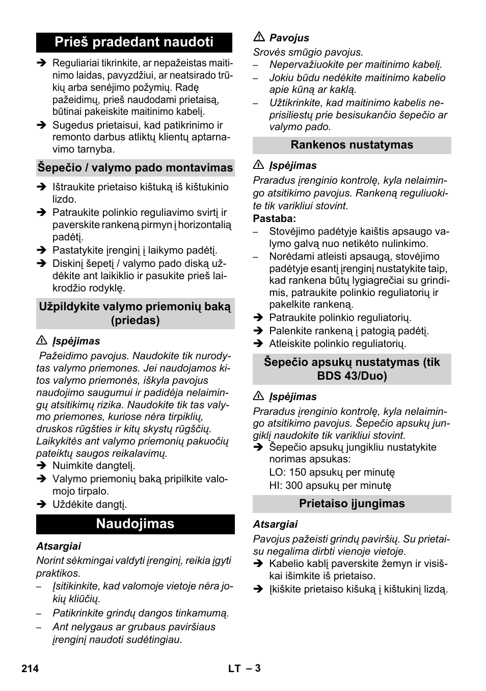 Prieš pradedant naudoti, Naudojimas | Karcher BDS 43-450C EU User Manual | Page 214 / 240