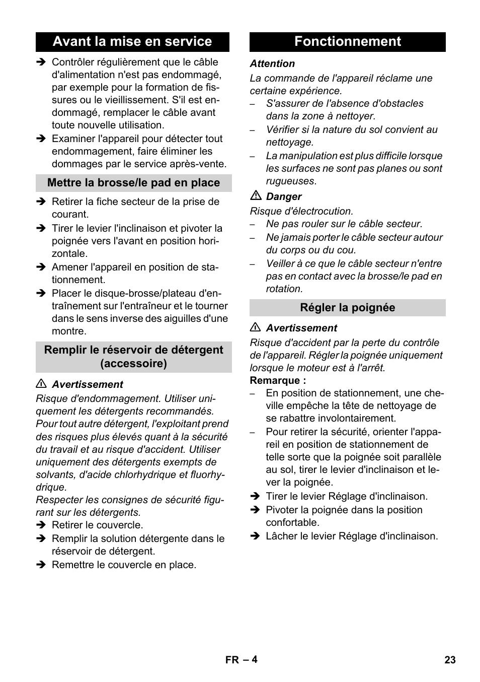 Avant la mise en service, Fonctionnement | Karcher BDS 43-450C EU User Manual | Page 23 / 240
