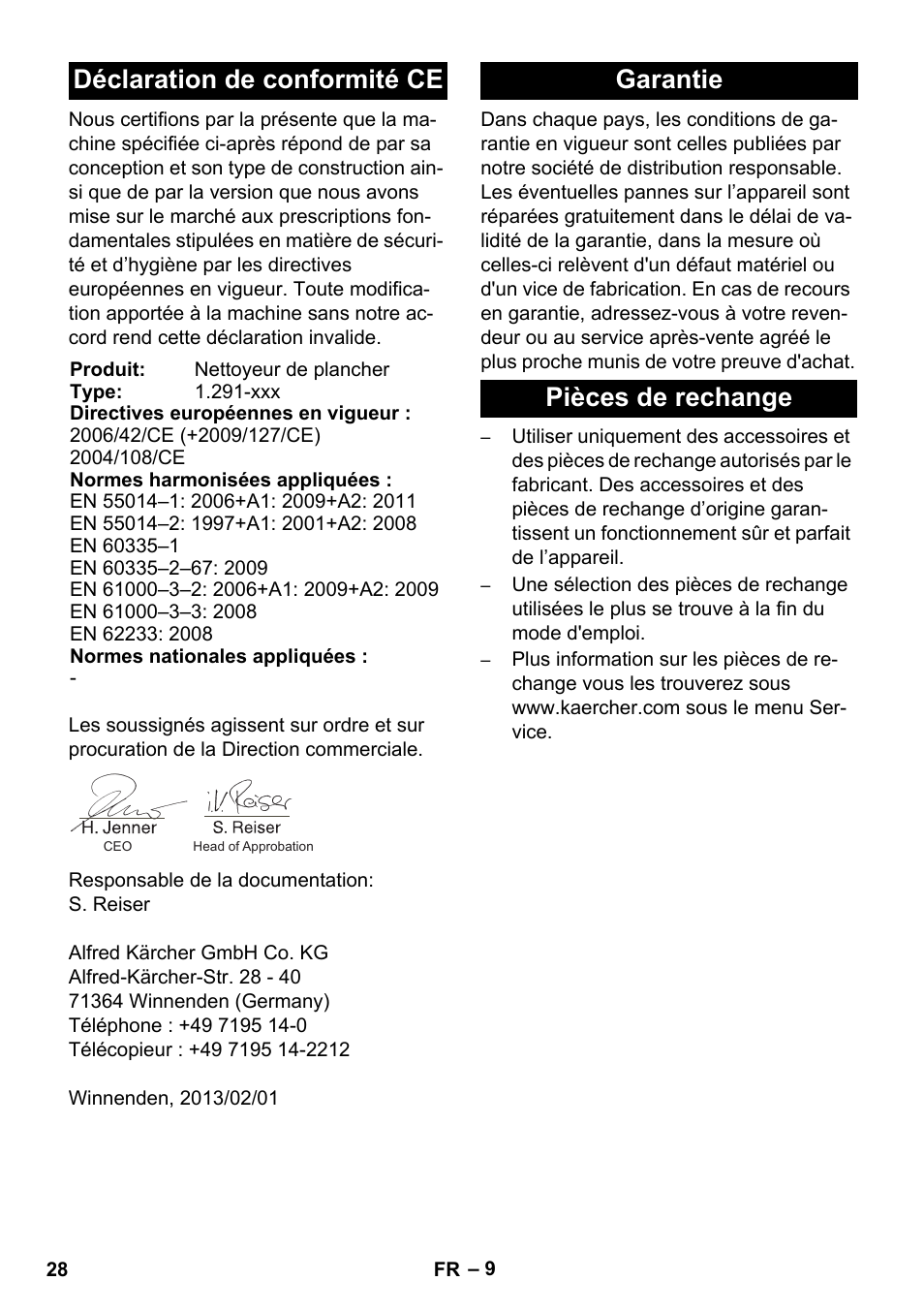 Déclaration de conformité ce, Garantie pièces de rechange | Karcher BDS 43-450C EU User Manual | Page 28 / 240