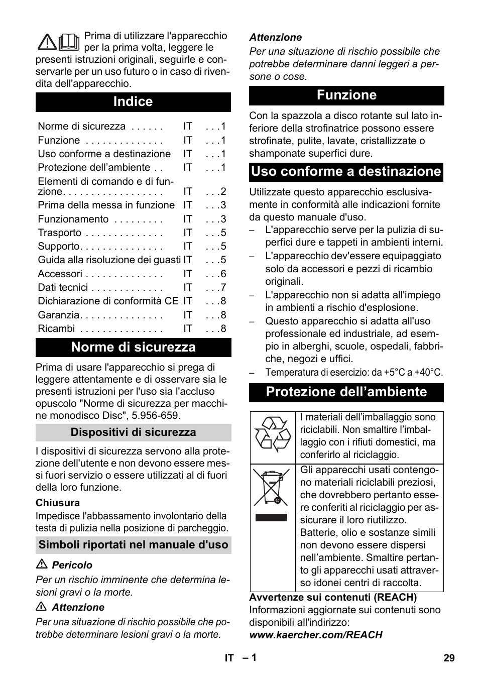 Italiano, Indice, Norme di sicurezza | Karcher BDS 43-450C EU User Manual | Page 29 / 240