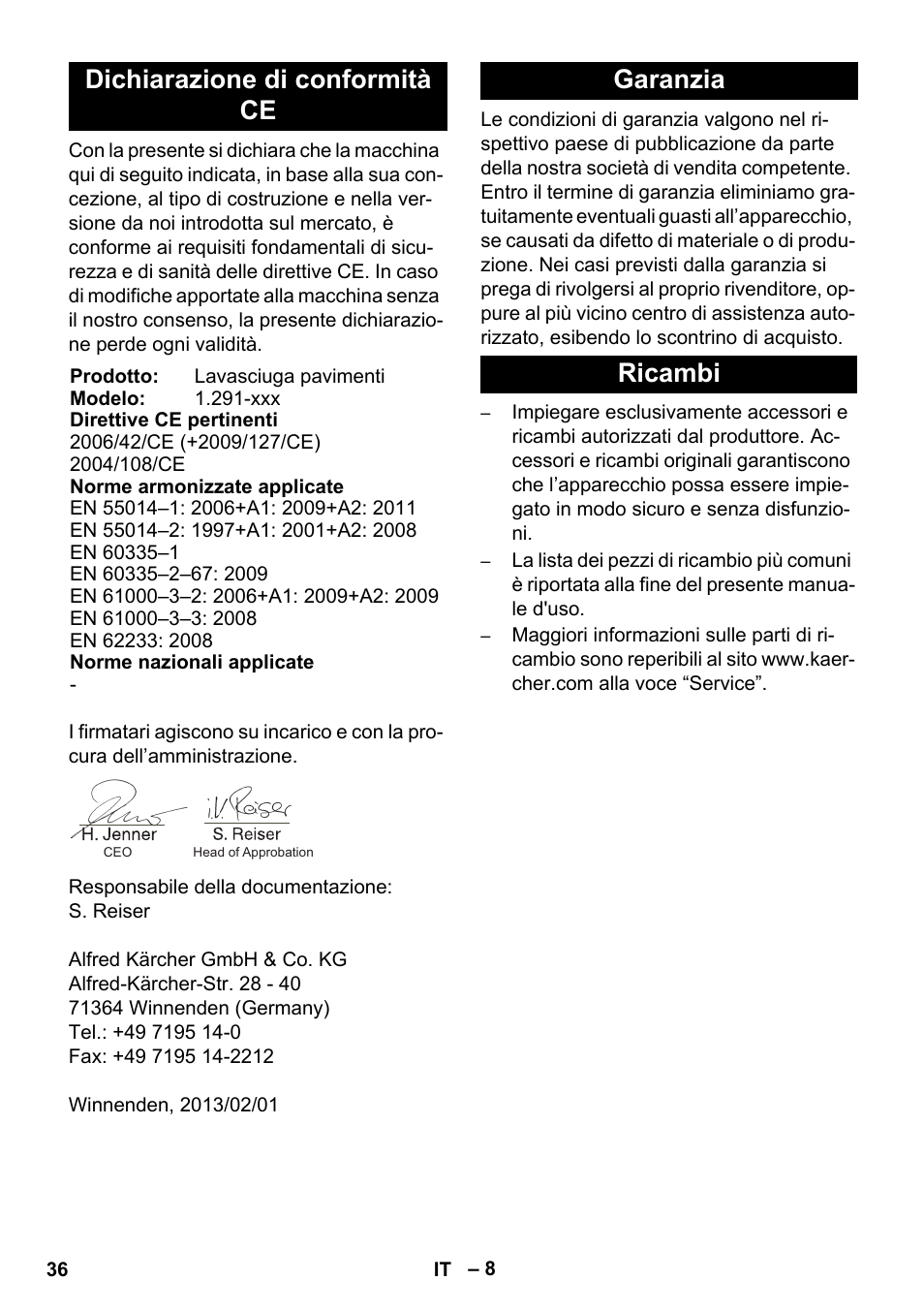 Dichiarazione di conformità ce, Garanzia ricambi | Karcher BDS 43-450C EU User Manual | Page 36 / 240