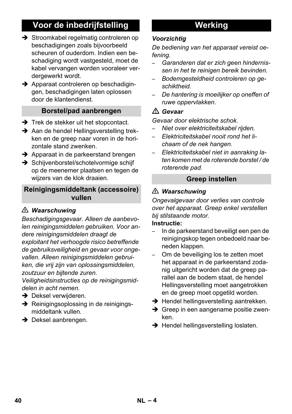 Voor de inbedrijfstelling, Werking | Karcher BDS 43-450C EU User Manual | Page 40 / 240