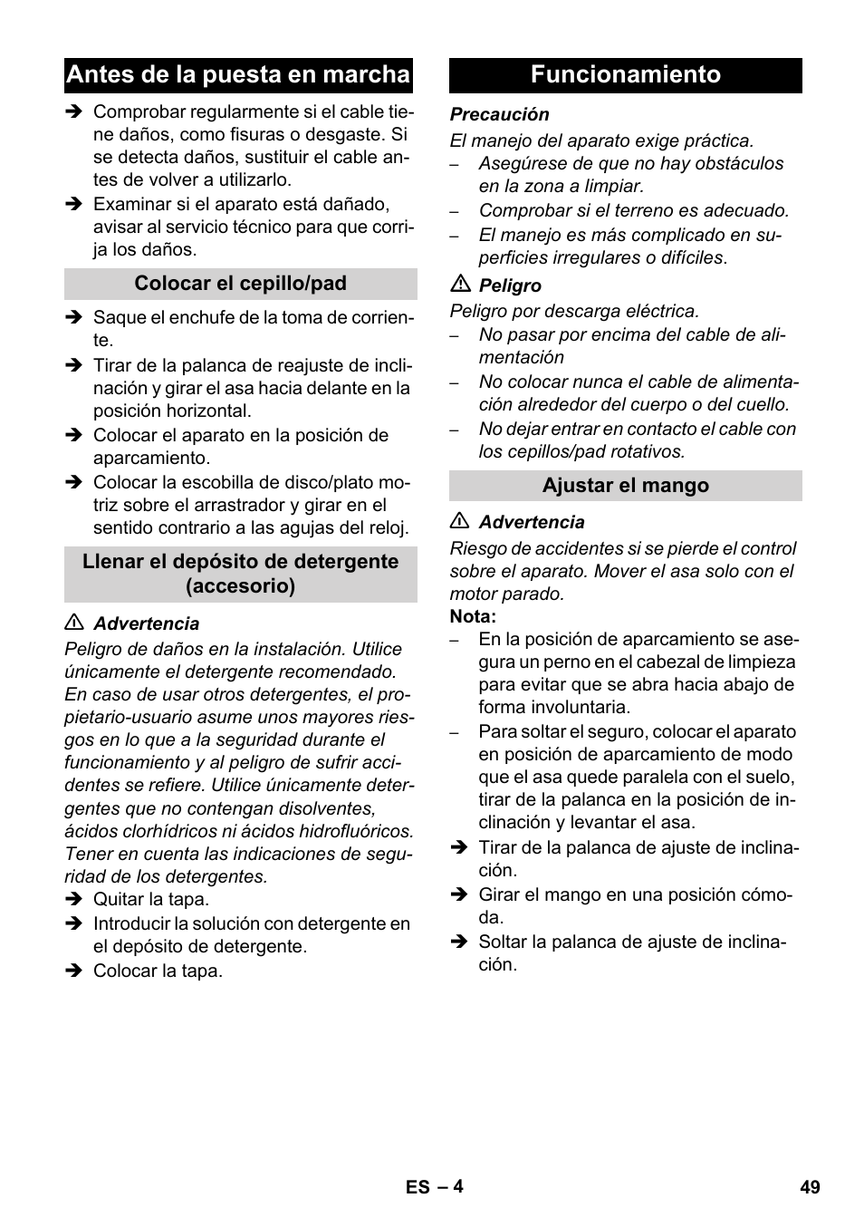 Antes de la puesta en marcha, Funcionamiento | Karcher BDS 43-450C EU User Manual | Page 49 / 240