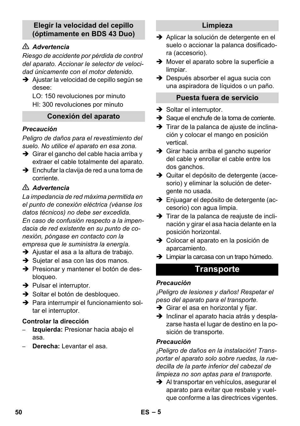 Transporte | Karcher BDS 43-450C EU User Manual | Page 50 / 240