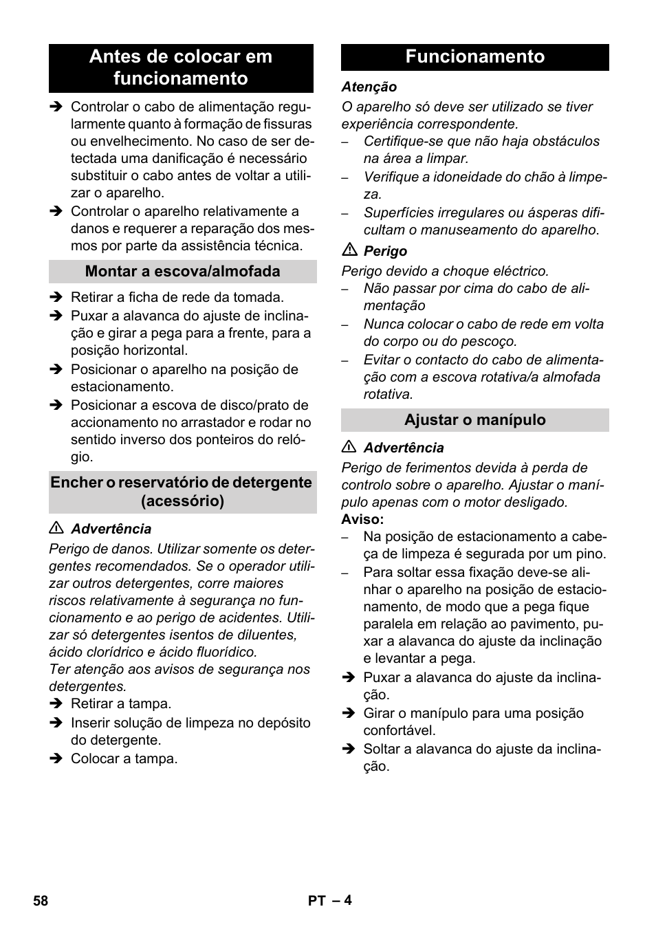 Antes de colocar em funcionamento, Funcionamento | Karcher BDS 43-450C EU User Manual | Page 58 / 240