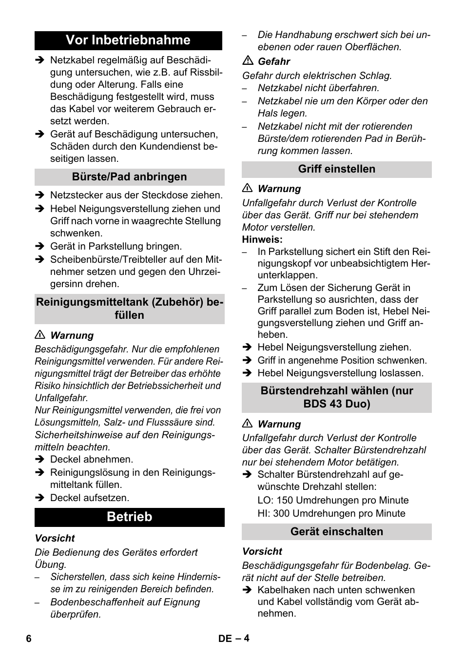 Vor inbetriebnahme, Betrieb | Karcher BDS 43-450C EU User Manual | Page 6 / 240