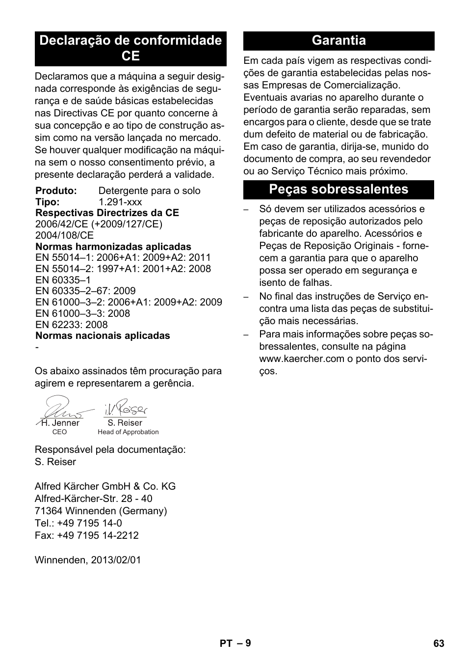 Declaração de conformidade ce, Garantia peças sobressalentes | Karcher BDS 43-450C EU User Manual | Page 63 / 240