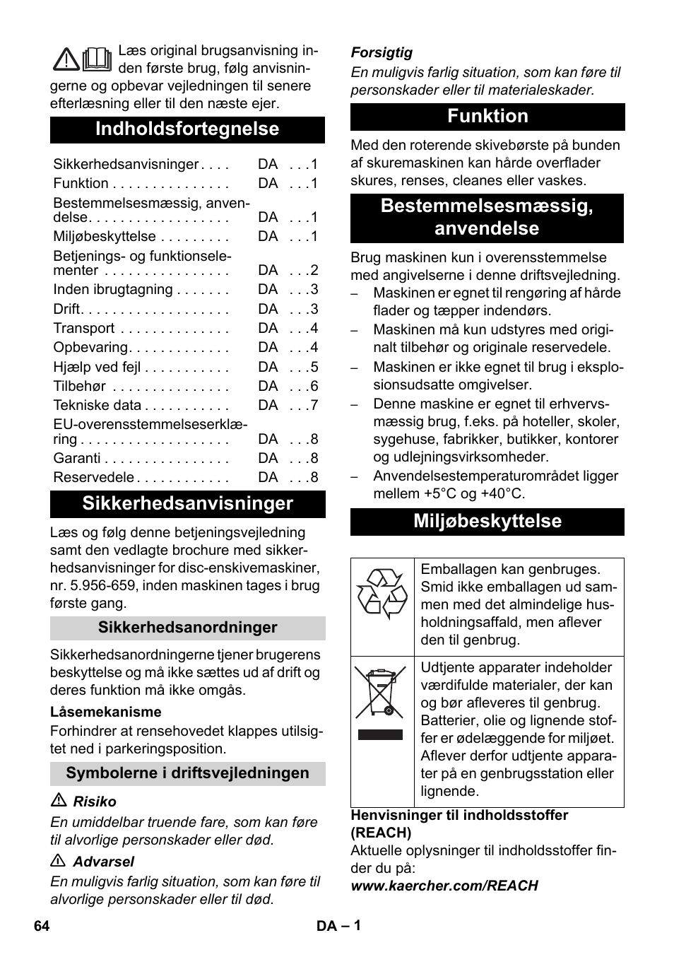 Dansk, Indholdsfortegnelse, Sikkerhedsanvisninger | Karcher BDS 43-450C EU User Manual | Page 64 / 240