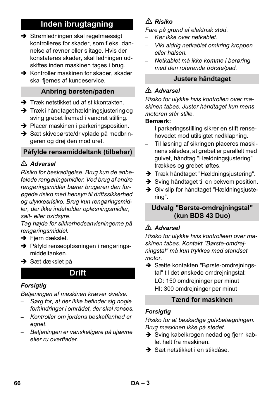 Inden ibrugtagning, Drift | Karcher BDS 43-450C EU User Manual | Page 66 / 240
