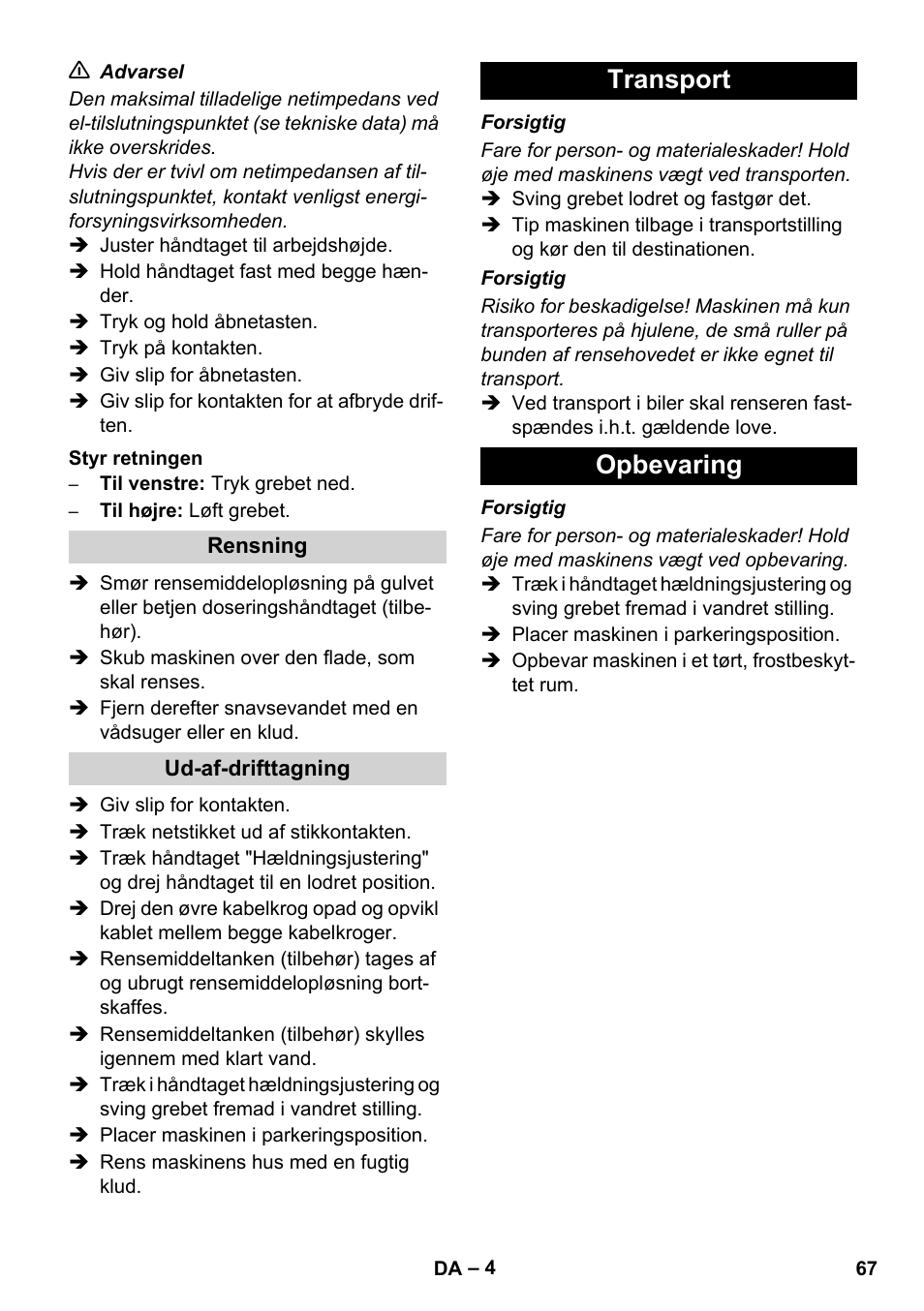 Transport opbevaring | Karcher BDS 43-450C EU User Manual | Page 67 / 240