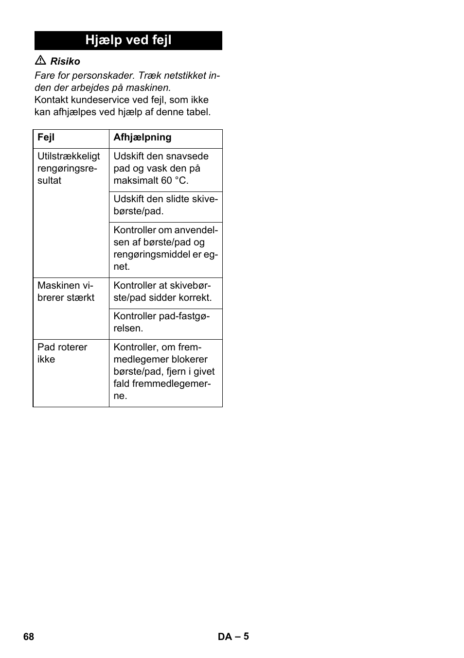 Hjælp ved fejl | Karcher BDS 43-450C EU User Manual | Page 68 / 240