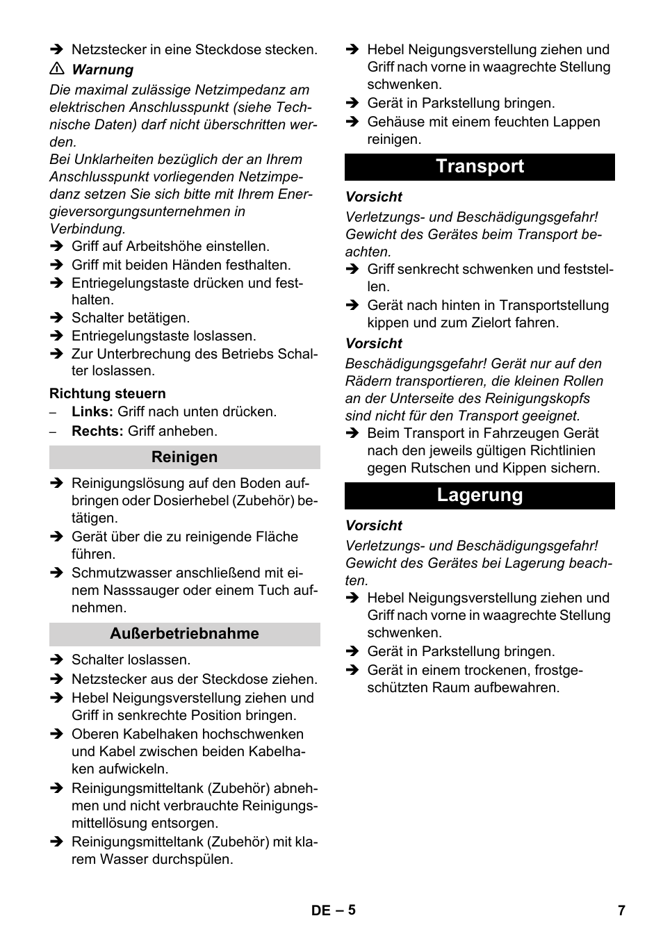 Transport lagerung | Karcher BDS 43-450C EU User Manual | Page 7 / 240