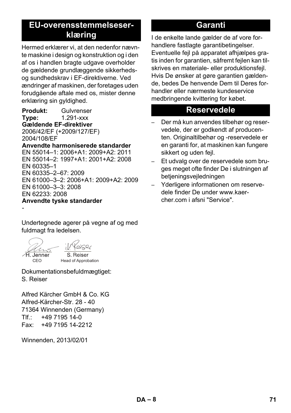 Eu-overensstemmelseser- klæring, Garanti reservedele | Karcher BDS 43-450C EU User Manual | Page 71 / 240