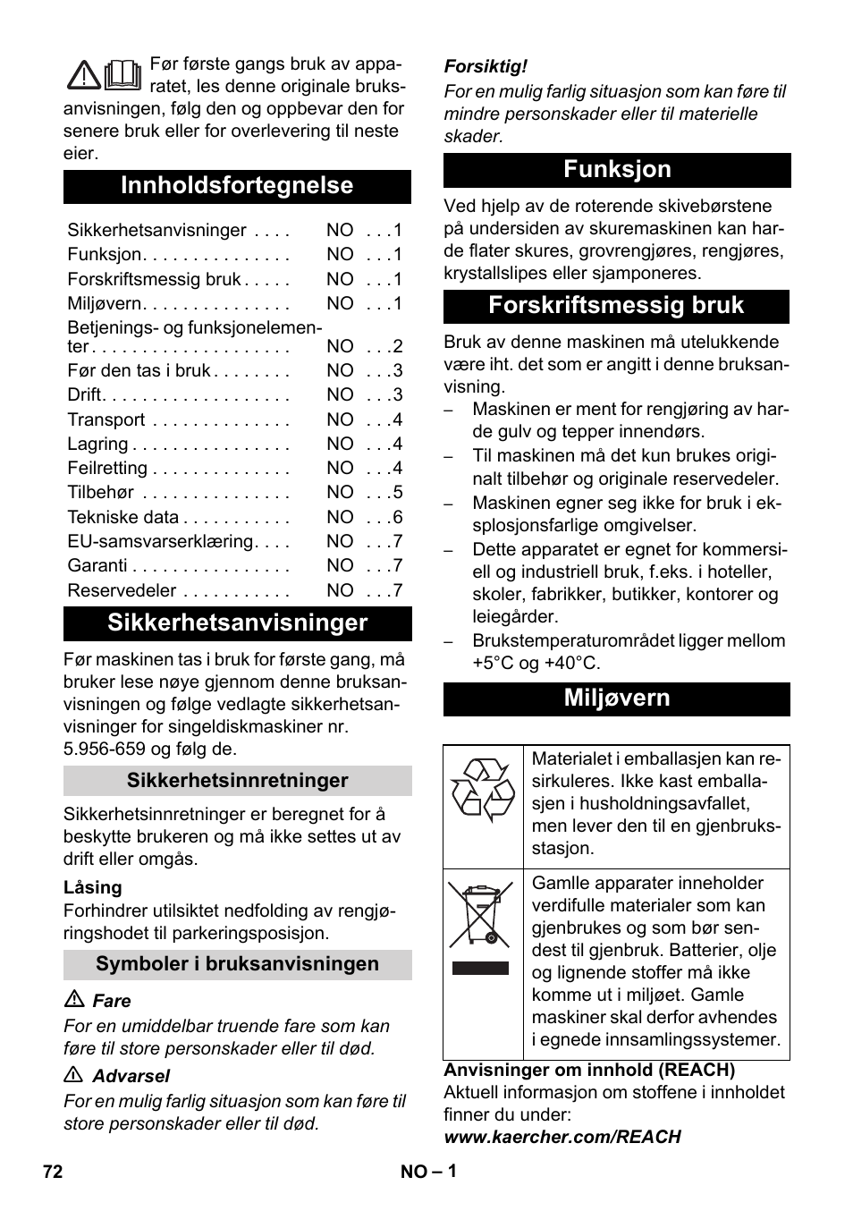 Norsk, Innholdsfortegnelse, Sikkerhetsanvisninger | Funksjon forskriftsmessig bruk miljøvern | Karcher BDS 43-450C EU User Manual | Page 72 / 240