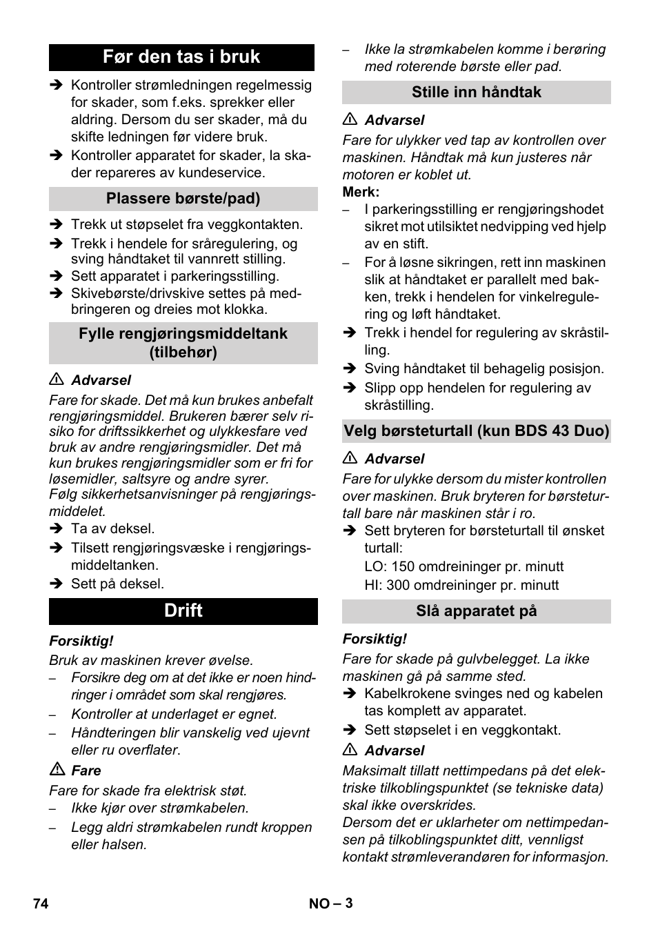 Før den tas i bruk, Drift | Karcher BDS 43-450C EU User Manual | Page 74 / 240